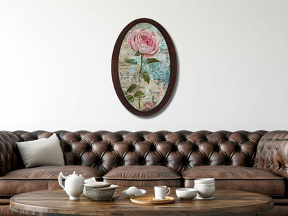 Retro Stil Çiçek Desenli Oval Ahşap Tablo – Klasik Oval Duvar Dekoru - Nostaljik Dekoratif Duvar Tablosu
