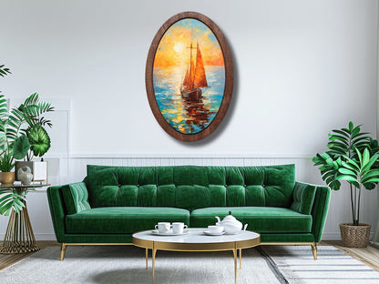 Gün Batımında Yelkenli Ahşap Tablo – Soyut & Deniz Temalı Modern Oval Duvar Dekoru