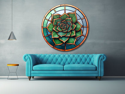 Lotus Vitray Stil Yuvarlak Cam Tablo – Modern Duvar Dekoru