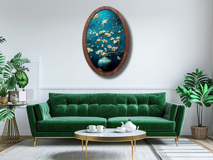 Beyaz Çiçekli Ahşap Tablo – Klasik Stil Oval Duvar Dekoru - Dekoratif Duvar Tablosu
