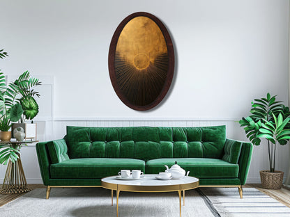 Altın Güneş Soyut Tasarım Oval Ahşap Tablo - Modern Spiritüel Duvar Dekoru