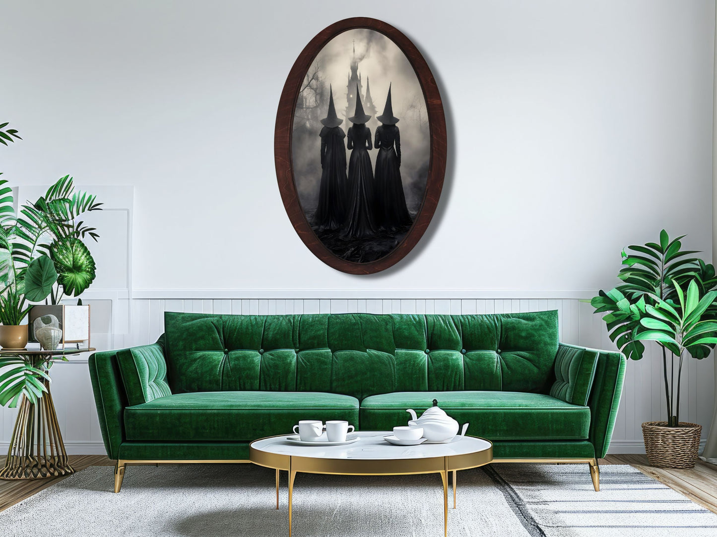 Oval Ahşap Duvar Dekoru - El Yapımı Gotik Ahşap Tablo - Sisli Ormanda Üç Cadı