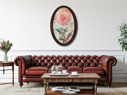 Retro Stil Çiçek Desenli Oval Ahşap Tablo – Klasik Oval Duvar Dekoru - Nostaljik Dekoratif Duvar Tablosu