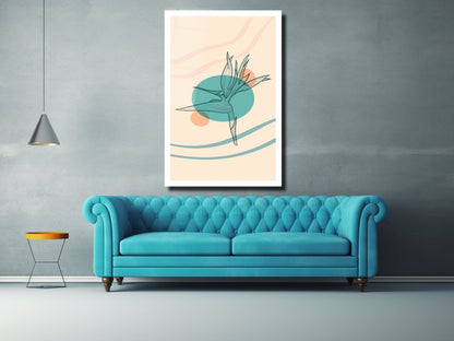 Minimalist Kuş Cenneti Çiçeği Cam Tablo – Çizgisel Botanik Duvar Dekoru – Pastel Renkli Modern Sanat