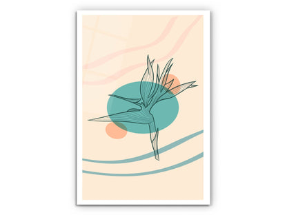 Minimalist Kuş Cenneti Çiçeği Cam Tablo – Çizgisel Botanik Duvar Dekoru – Pastel Renkli Modern Sanat