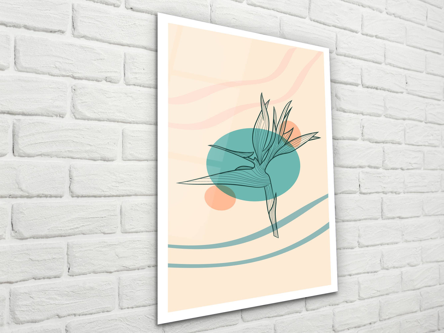 Minimalist Kuş Cenneti Çiçeği Cam Tablo – Çizgisel Botanik Duvar Dekoru – Pastel Renkli Modern Sanat
