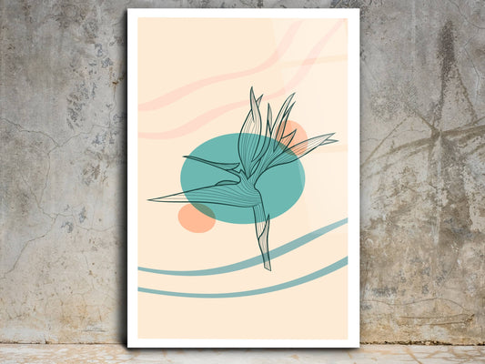 Minimalist Kuş Cenneti Çiçeği Cam Tablo – Çizgisel Botanik Duvar Dekoru – Pastel Renkli Modern Sanat