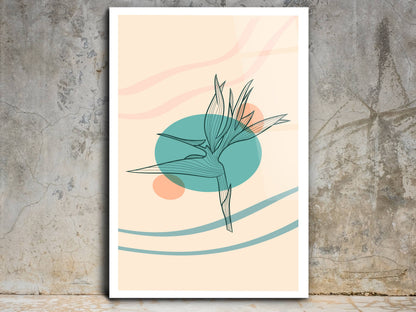 Minimalist Kuş Cenneti Çiçeği Cam Tablo – Çizgisel Botanik Duvar Dekoru – Pastel Renkli Modern Sanat