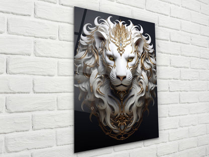 Gold Detaylı Beyaz Aslan Portresi – Fantastik Cam Tablo - Dekoratif Tablo