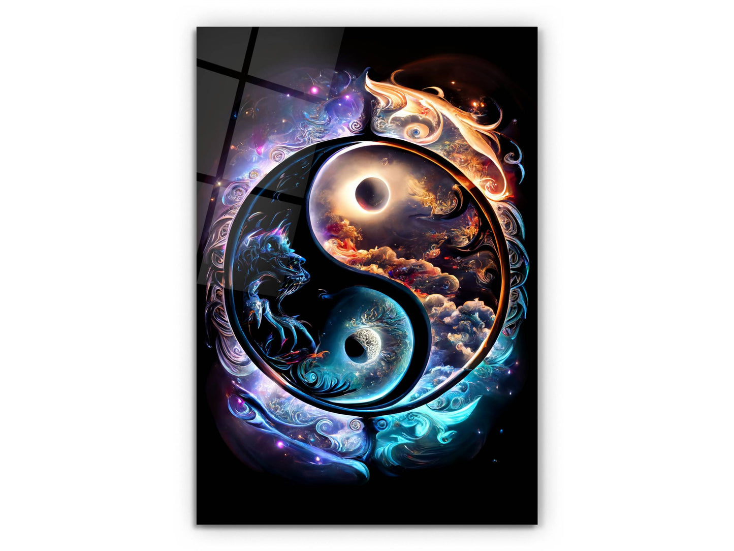 Yin Yang Ejderha Cam Tablo - Spiritüel Duvar Dekoru-Enerji Dengesi Dekoru - Modern Ev ve Ofis Dekoru