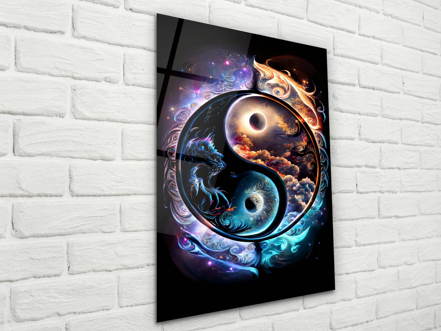 Yin Yang Ejderha Cam Tablo - Spiritüel Duvar Dekoru-Enerji Dengesi Dekoru - Modern Ev ve Ofis Dekoru