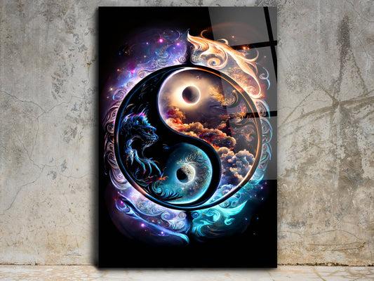 Yin Yang Ejderha Cam Tablo - Spiritüel Duvar Dekoru-Enerji Dengesi Dekoru - Modern Ev ve Ofis Dekoru