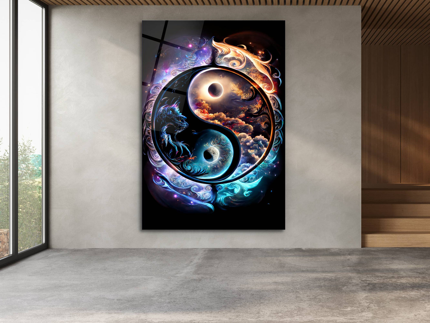 Yin Yang Ejderha Cam Tablo - Spiritüel Duvar Dekoru-Enerji Dengesi Dekoru - Modern Ev ve Ofis Dekoru