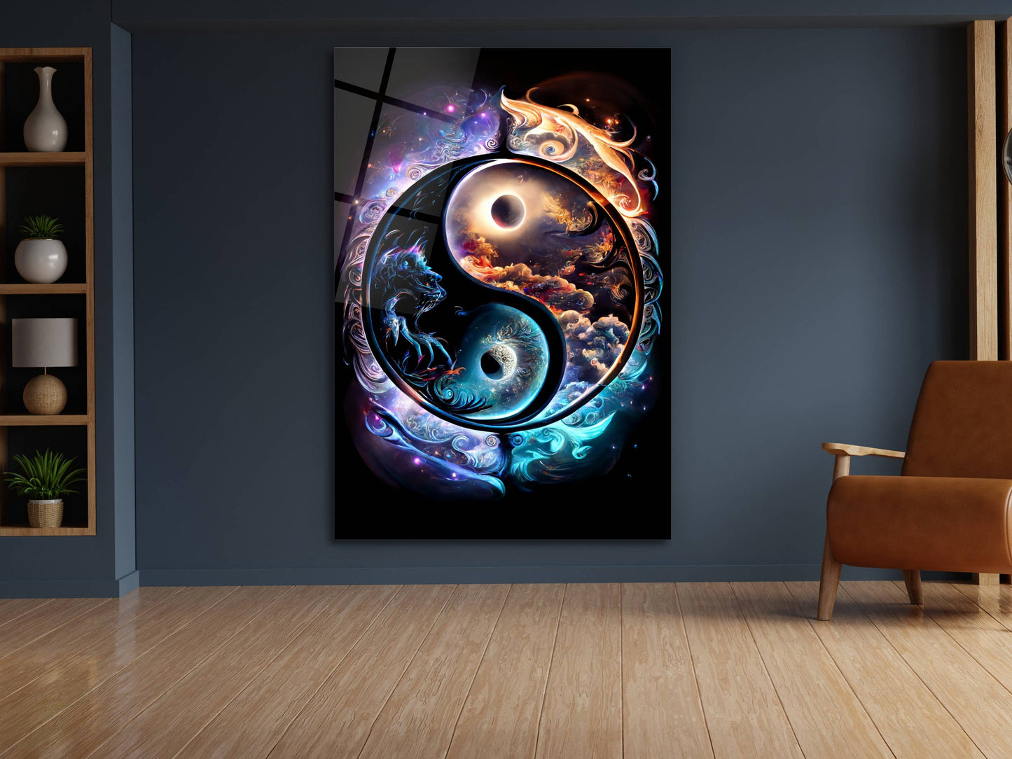 Yin Yang Ejderha Cam Tablo - Spiritüel Duvar Dekoru-Enerji Dengesi Dekoru - Modern Ev ve Ofis Dekoru