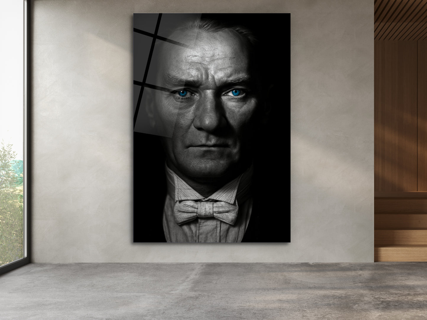 Mavi Gözlü Atatürk Portresi Siyah Beyaz Cam Tablo – Atatürk Tablosu - Modern Ev ve Ofis Dekoru