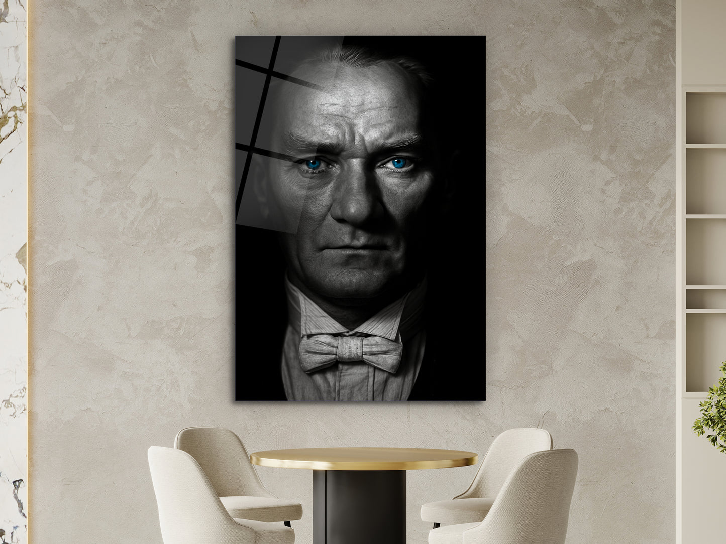 Mavi Gözlü Atatürk Portresi Siyah Beyaz Cam Tablo – Atatürk Tablosu - Modern Ev ve Ofis Dekoru