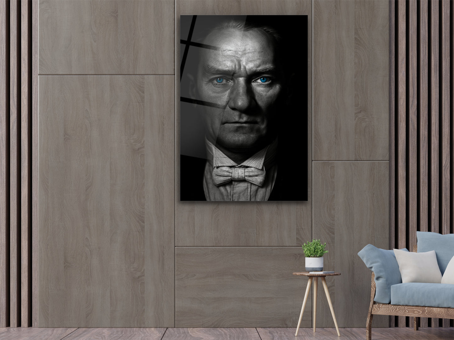 Mavi Gözlü Atatürk Portresi Siyah Beyaz Cam Tablo – Atatürk Tablosu - Modern Ev ve Ofis Dekoru