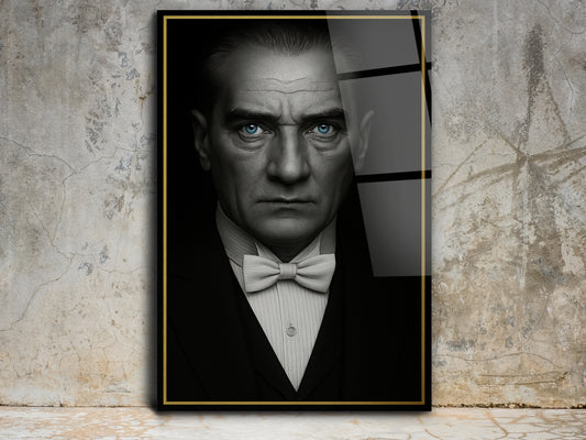 Mavi Gözlü Atatürk Cam Tablo – Gold Çerçeveli Klasik Takım Elbiseli Atatürk Tablosu- Modern Ev ve Ofis Dekoru