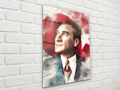 Atatürk ve Türk Bayrağı  Cam Tablo – Nostaljik Atatürk Tablosu - Modern Ev ve Ofis Dekoru