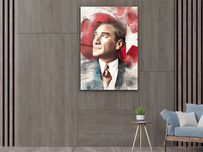 Atatürk ve Türk Bayrağı  Cam Tablo – Nostaljik Atatürk Tablosu - Modern Ev ve Ofis Dekoru