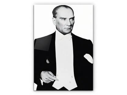 Mustafa Kemal Atatürk Siyah Beyaz Portre Cam Tablo - Atatürk Tablosu - Modern Ev ve Ofis Dekoru