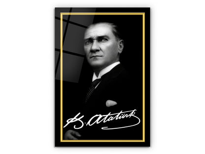 İmzalı Atatürk Portresi Cam Tablo - Atatürk Tablosu - Modern Ev ve Ofis Dekoru
