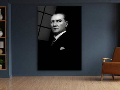 Siyah Beyaz Atatürk Portresi Cam Tablo - Atatürk Tablosu - Gazi Mustafa Kemal Ev ve Ofis Dekoru