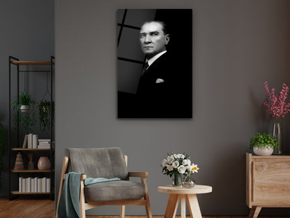 Siyah Beyaz Atatürk Portresi Cam Tablo - Atatürk Tablosu - Gazi Mustafa Kemal Ev ve Ofis Dekoru