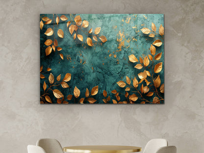 Soyut Gold Yaprak Desen Cam Tablo - Dekoratif Tablo