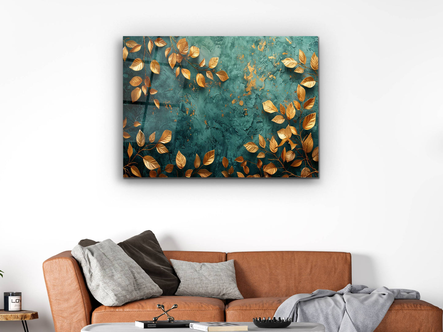 Soyut Gold Yaprak Desen Cam Tablo - Dekoratif Tablo