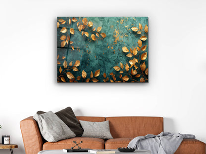 Soyut Gold Yaprak Desen Cam Tablo - Dekoratif Tablo