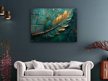 Soyut Gold Yaprak Desen Cam Tablo - Dekoratif Tablo