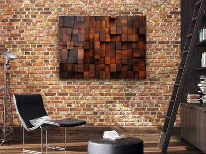 3D Efektli Renkli Ahşap Desenli Cam Tablo - Kahverengi Modern Geometrik Duvar Dekoru