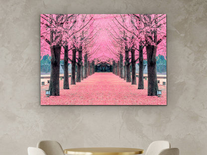 Sakura Ağaçları Bahar Cam Tablo – Modern Dekoratif Ev ve Ofis Tablosu