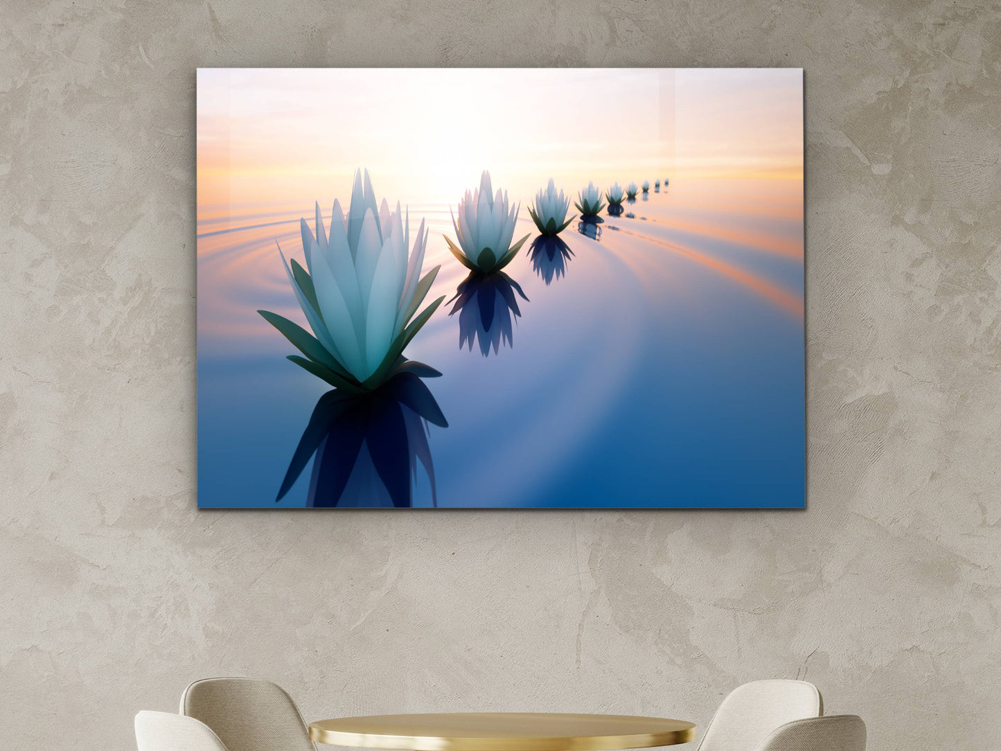 Minimalist Lotus Temalı Cam Duvar Tablosu – Lotus Çiçekli Dekoratif Ev ve Ofis Tablosu