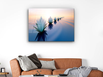 Minimalist Lotus Temalı Cam Duvar Tablosu – Lotus Çiçekli Dekoratif Ev ve Ofis Tablosu
