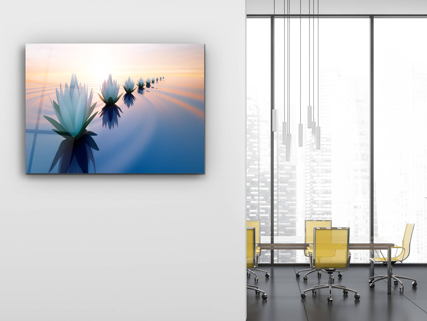 Minimalist Lotus Temalı Cam Duvar Tablosu – Lotus Çiçekli Dekoratif Ev ve Ofis Tablosu
