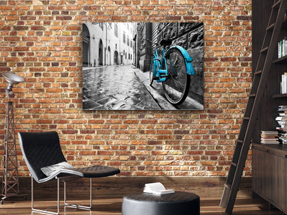 Mavi Retro Bisiklet Cam Tablosu – Soyut ve Modern Dekoratif Ev ve Ofis Tablosu