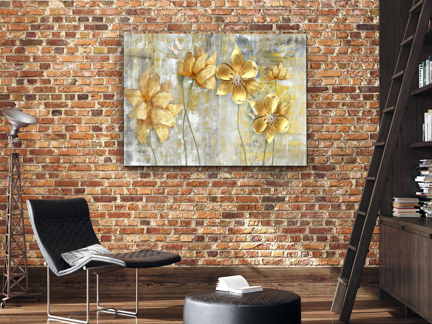 Modern Gold Çiçek Cam Tablo – Soyut Dekoratif Ev ve Ofis Tablosu