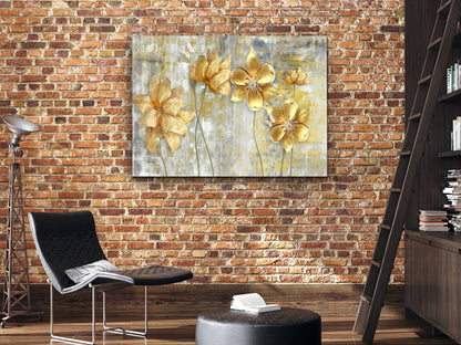Modern Gold Çiçek Cam Tablo – Soyut Dekoratif Ev ve Ofis Tablosu