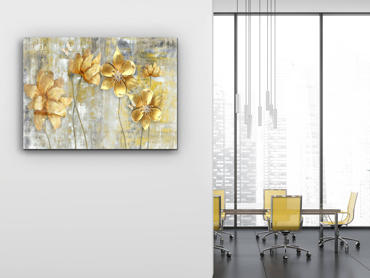 Modern Gold Çiçek Cam Tablo – Soyut Dekoratif Ev ve Ofis Tablosu