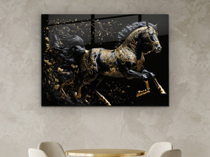 Gold Desenli Siyah At Cam Tablo – Soyut ve Modern Dekoratif Ev ve Ofis Tablosu