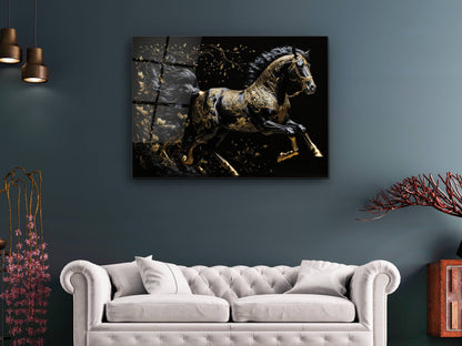 Gold Desenli Siyah At Cam Tablo – Soyut ve Modern Dekoratif Ev ve Ofis Tablosu