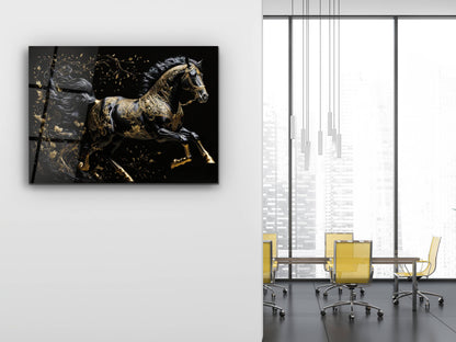 Gold Desenli Siyah At Cam Tablo – Soyut ve Modern Dekoratif Ev ve Ofis Tablosu