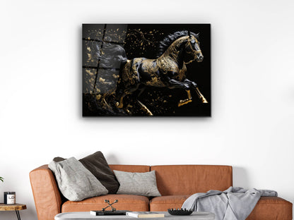 Gold Desenli Siyah At Cam Tablo – Soyut ve Modern Dekoratif Ev ve Ofis Tablosu