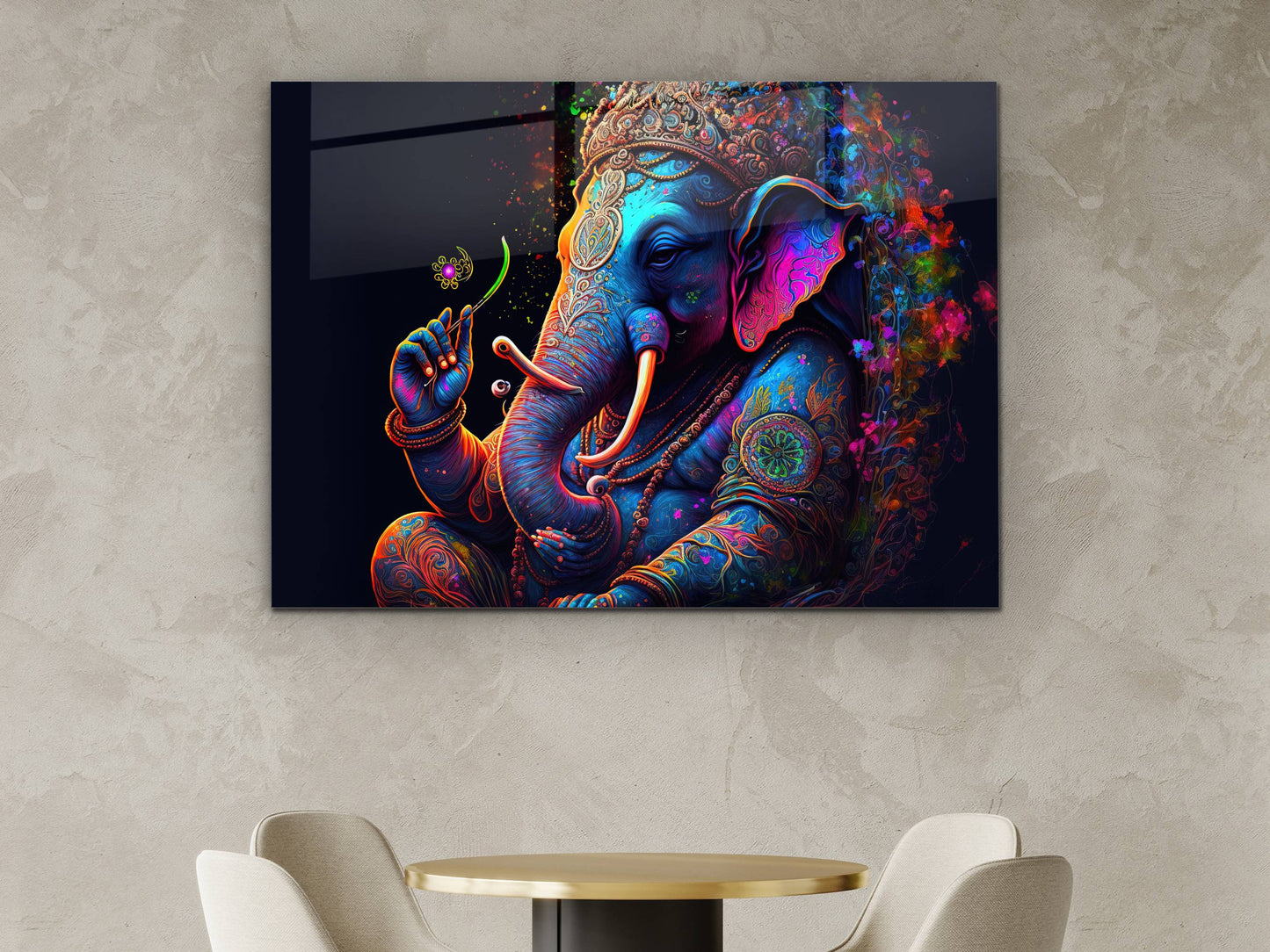 Ganesha Temalı Renkli Fil Cam Tablo – Spiritüel ve Dekoratif Ev Ofis Duvar Tablosu