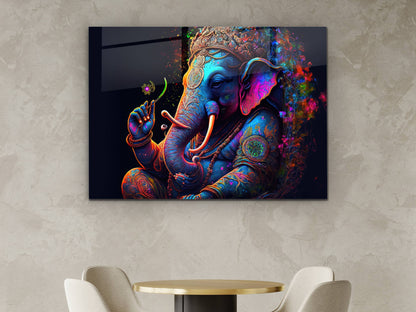 Ganesha Temalı Renkli Fil Cam Tablo – Spiritüel ve Dekoratif Ev Ofis Duvar Tablosu