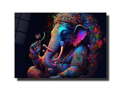 Ganesha Temalı Renkli Fil Cam Tablo – Spiritüel ve Dekoratif Ev Ofis Duvar Tablosu