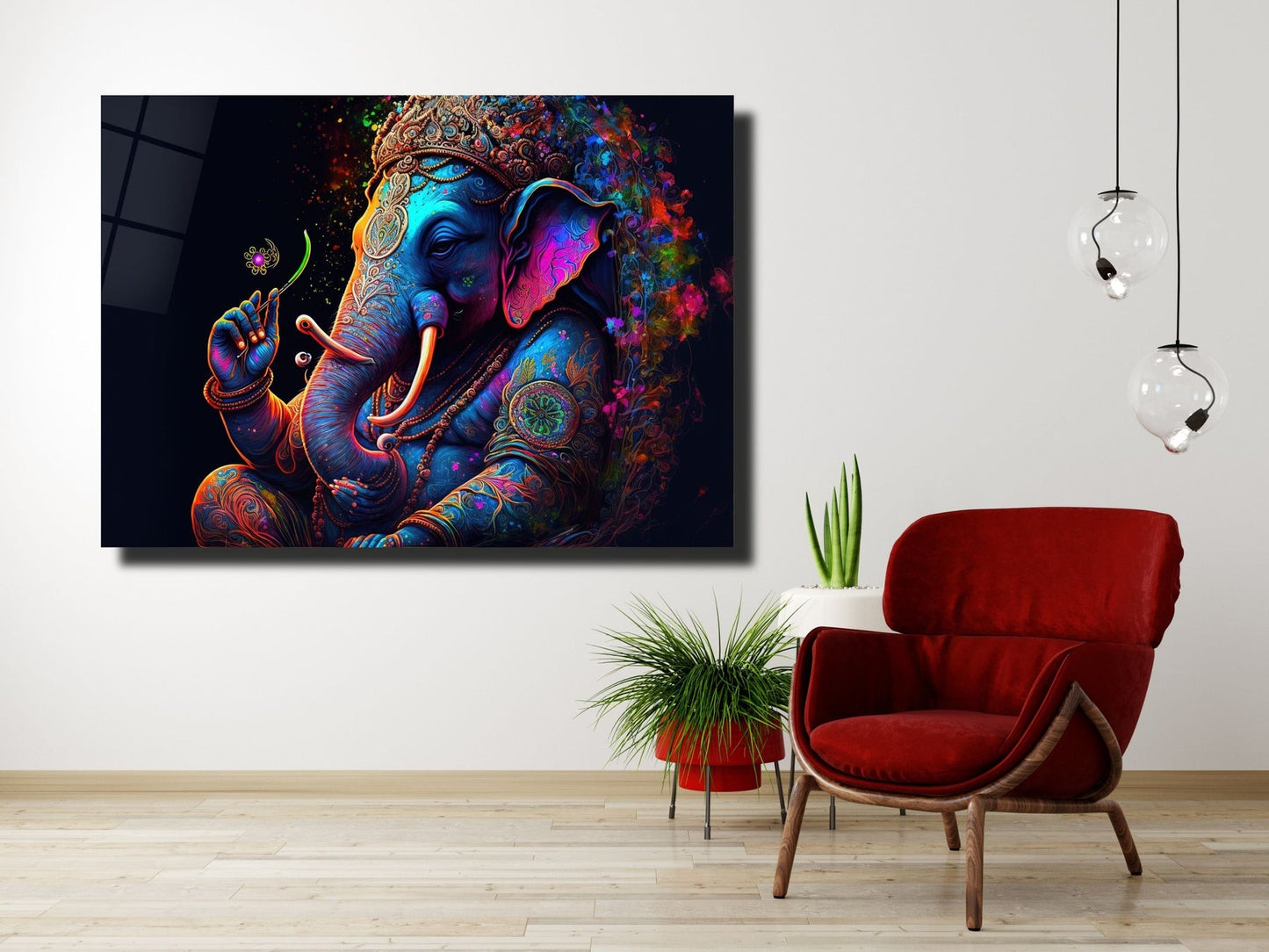 Ganesha Temalı Renkli Fil Cam Tablo – Spiritüel ve Dekoratif Ev Ofis Duvar Tablosu