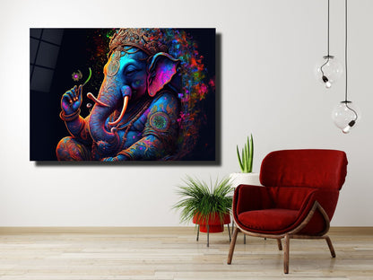Ganesha Temalı Renkli Fil Cam Tablo – Spiritüel ve Dekoratif Ev Ofis Duvar Tablosu